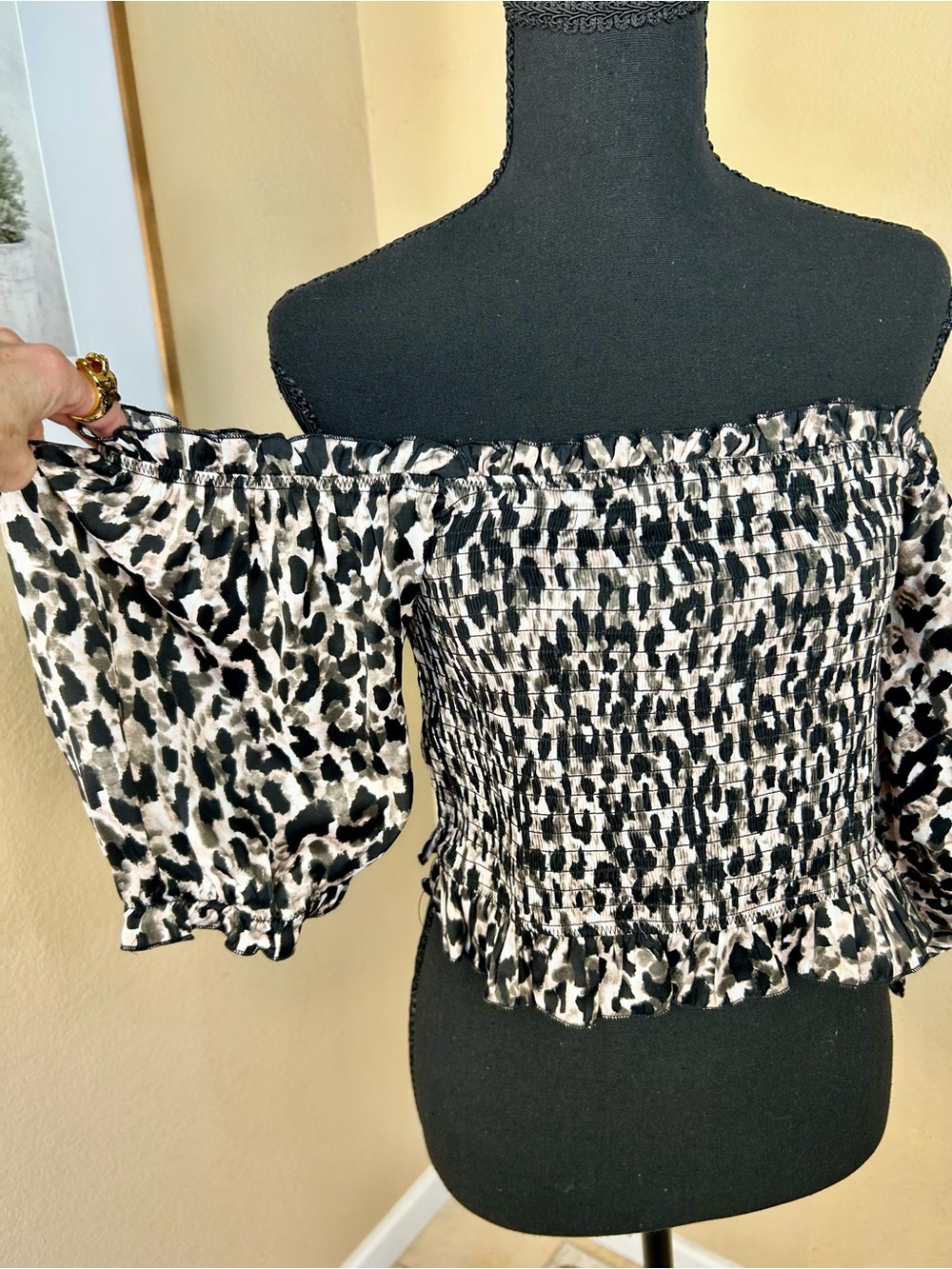 Summer Date Night Off The Shoulder Cropped, Ruching Flirty Leopard Print Shirt